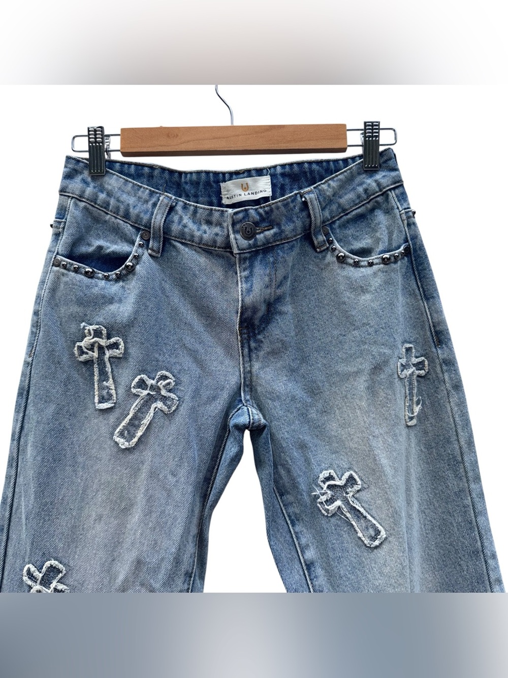 AUSTIN LANDING Studded Embroidered Cross Straight Leg Jeans Blue VIRAL Size 0 - Picture 4 of 16